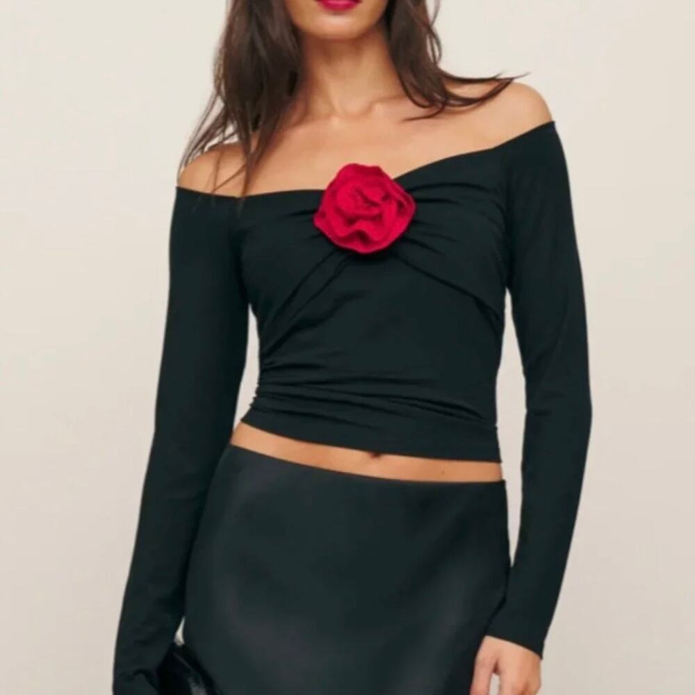 Reformation Shaye Knit Top - Black with Red Rosette - Size S